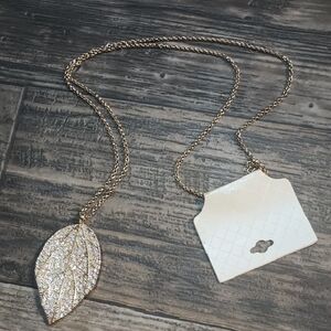 Jules B Rhinestone Statement Necklace Gold Tone Leaf Pendant